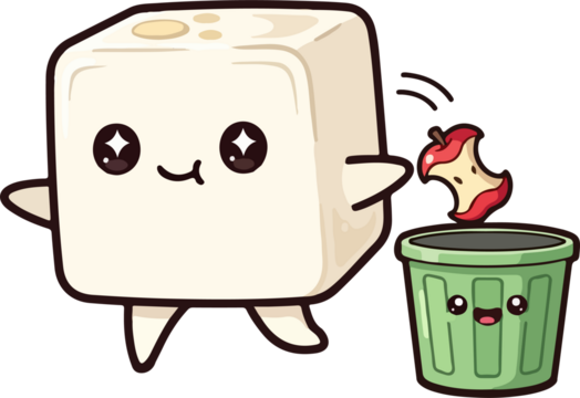 Cute Tofu Character Disposing of Apple Core in Trash Can