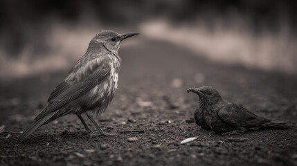 Contemplative Encounter: Two birds stand on a path, one upright and observing, the other at rest. The scene, captured in monochrome, tells of a shared moment.