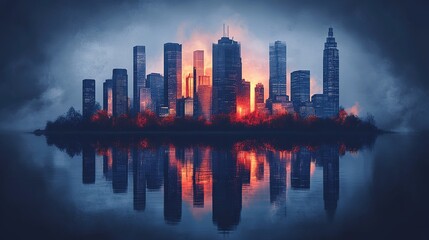 Fototapeta premium A city skyline at dusk is engulfed in flames, with a serene body of water reflecting the fiery spectacle below, creating a dramatic contrast between destruction and tranquility.