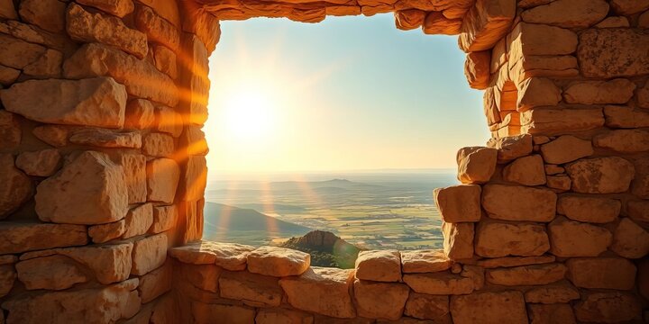Sun-drenched crumbling stone walls framed by a weathered window, overlooking a vast, serene landscape,   antique,   horizon