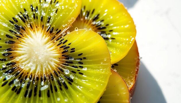 Sun-drenched kiwi slices, glistening sugar crystals, vibrant green hues, texture, still life