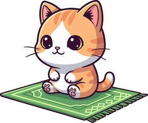 Cute Orange Tabby Kitten Sitting on Green Islamic Prayer Rug with Geometric Pattern