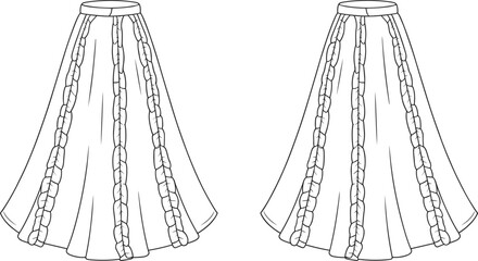 Maxi skirt with vertical ruffle trim technical flat sketch, front back view, vector illustration, fashion CAD drawing apparel template.