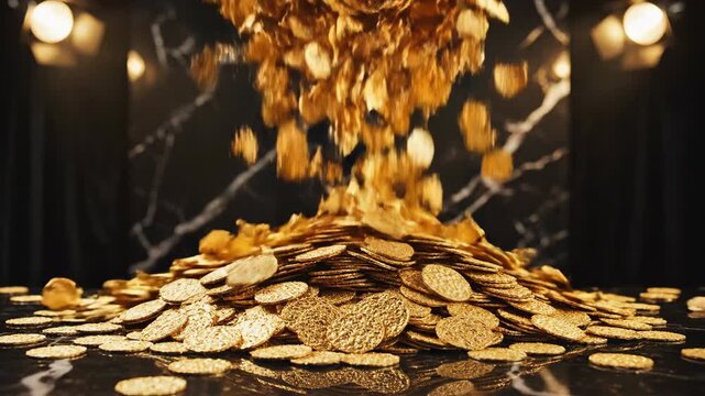 Golden coin pile abundance and wealth accumulation concept