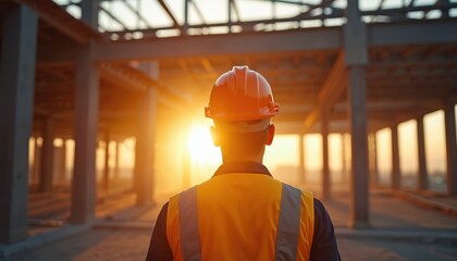 Construction manager watches sunset on new building frame. Worker in hard hat and safety vest oversees progress. Future home, office, or skyscraper construction.