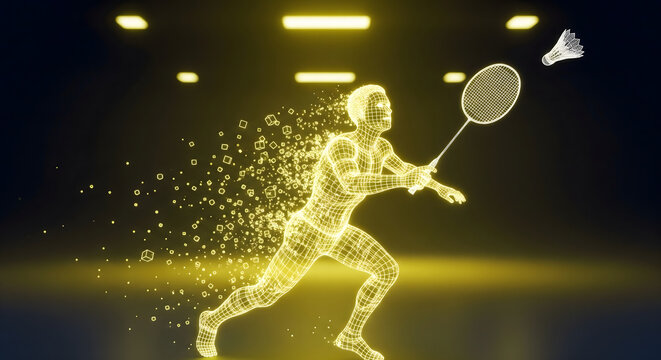 Dynamic Yellow Glowing Silhouette of a Badminton Player in Action with Shuttlecock