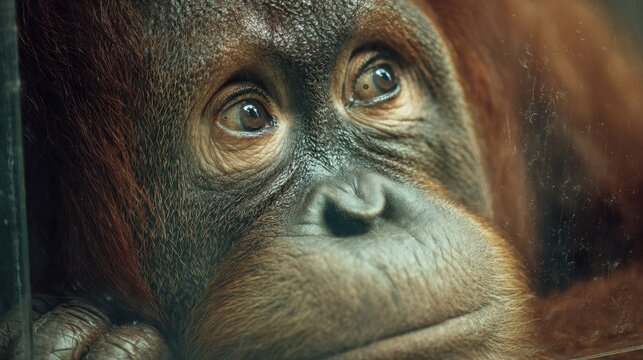 Orangutan's Gazes: An intimate close-up portrays a serene orangutan, with thoughtful eyes that offer a glimpse into the depths of nature's wisdom.