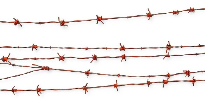 Tangled rusty barbed wire sections, separated, on pure white background ,  hazard,  broken