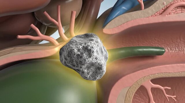 Gallbladder cutting showing gallstones obstructing bile duct on medical background. 3d illustration_4K_10s 82178667 1