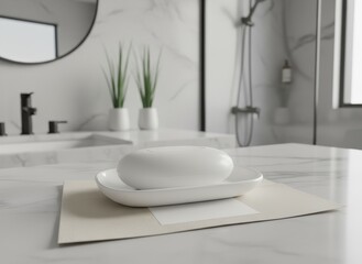 Oval white soap bar on ceramic dish in clean minimalist bathroom