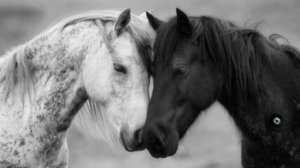 Connected in Unity: Two horses of contrasting hues, their heads gently touching in a moment of tranquil connection, highlighting the essence of solidarity. 
