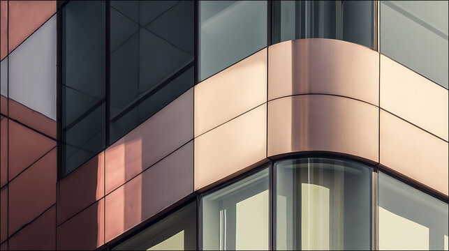Modern building facade with copper and glass geometric patterns modern architecture copper panels - Powered by Adobe