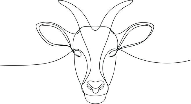 Single line drawing of a goat head with horns animal