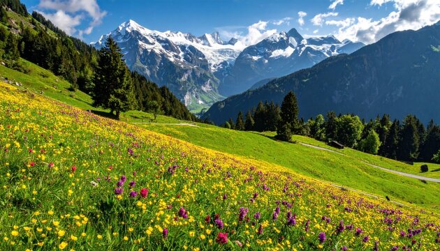 Sunny landscape of wildflowers, green hills, and snow-capped mountains - Powered by Adobe