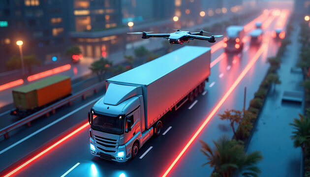 Autonomous truck moves on highway at night. Drone flies over cargo vehicle. Futuristic city lights and red glowing lines show smart logistics network. Future delivery concept.
