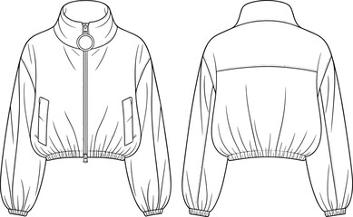Cropped zip-up jacket technical flat sketch, front and back view, vector illustration, fashion CAD drawing, apparel template, ring zipper.