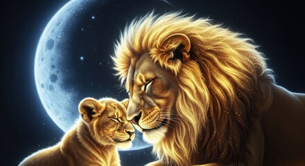 Majestic Lion and Cub Under the Moonlit Sky