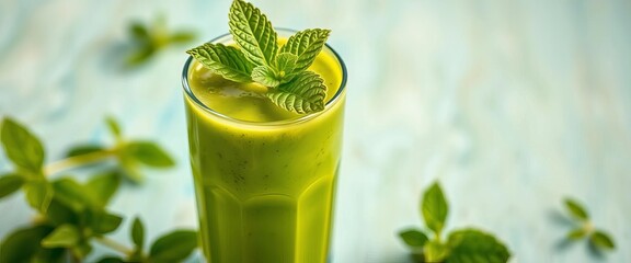 Vibrant green smoothie in glass, garnished with mint, healthy eating, green smoothie