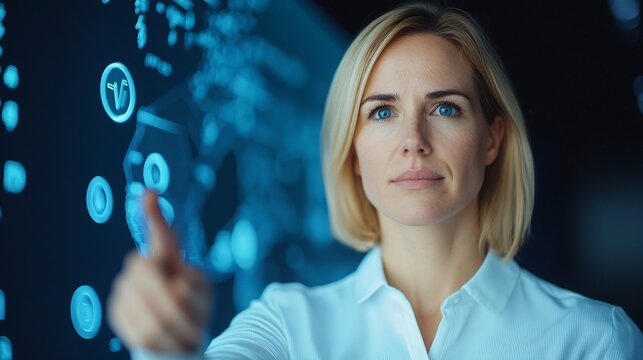 Financial advisor presenting ESG investment plan using holographic interface in smart office.