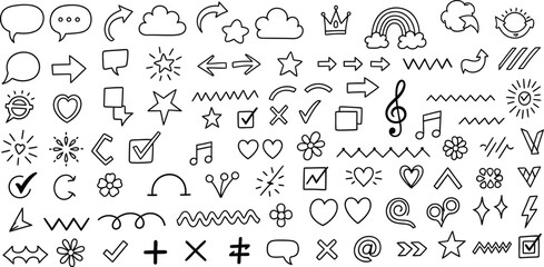 Collection of hand drawn doodle arrows and symbols in black ink on white background for design elements