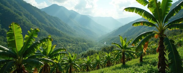 Rows of banana trees ascend a green slope toward misty mountains under a bright sky. Lush banana leaves and tropical plants dominate foreground landscape. Sunbeams pierce clouds over valley.