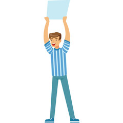 Smiling Man in Blue Striped Shirt Holds Up a Light Blue Sign Against White Background and Transparent BG