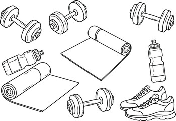 Collection of hand drawn fitness equipment including dumbbells yoga mats water bottles and athletic shoes on a white background