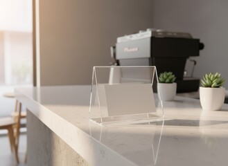 Acrylic tabletop stand mockup with blank card on clean cafe counter