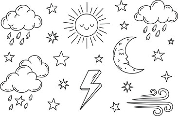 Whimsical hand drawn weather icons featuring sun moon clouds rain stars lightning and wind for creative design elements