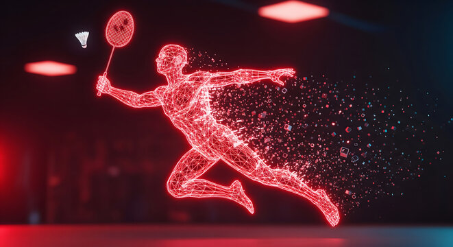 Digital athlete represented by glowing red particles in a dynamic badminton smash, illustrating futuristic sports technology and virtual competition
