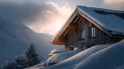 Mountain chalet roof covered in heavy snow, sunrise backlight and serene alpine tone