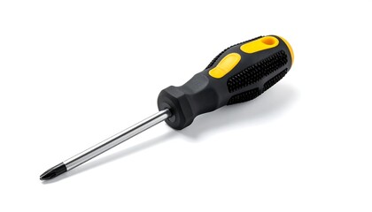 Close-up of a common hand tool with a black and yellow grip and a metallic shaft against a bright, white background. The screwdriver is at an angle