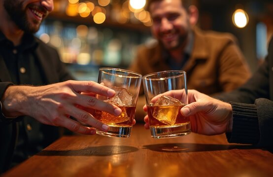 Men toast with whiskey glasses at bar counter. Friends enjoy drinks, conversation, and good times. Laughter fills the dimly lit, cozy pub interior.