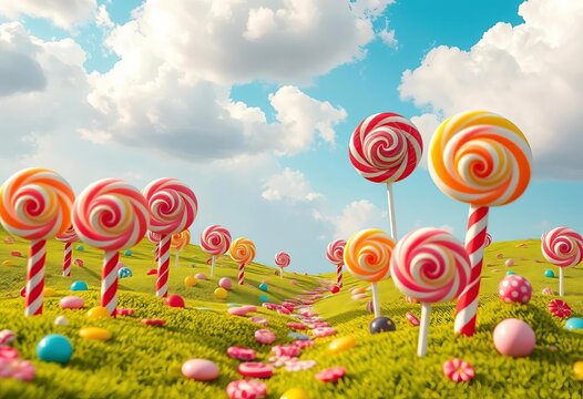 Whimsical candy landscape, lollipop trees, gumdrop mountains, marshmallow clouds,  paradise,  background
