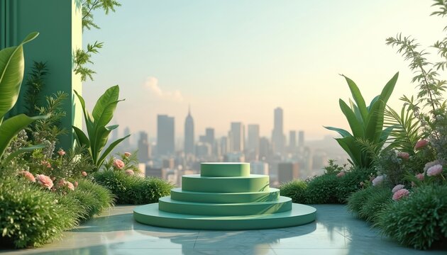 Green layered podium on rich rooftop garden with city skyline backdrop. Plants and flowers surround display area. Ideal for product promotion and urban nature themes.