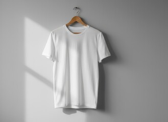Plain white tshirt mockup hanging on wooden hanger against clean wall