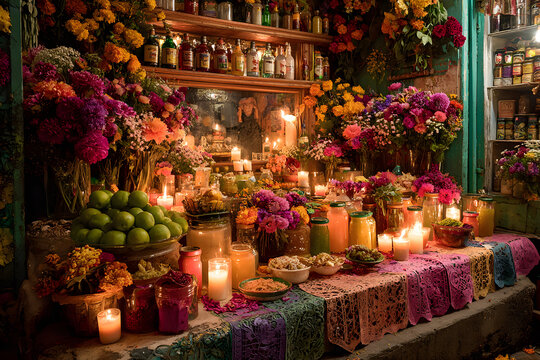 Ofrenda para la celebraci&oacute;n de dia de muertos en M&eacute;xico