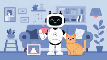 Obraz premium Robot holding pink cup with orange cat in blue living room