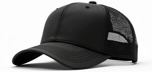 Black trucker cap with mesh back on white. Studio shot of headwear for branding. Fashion baseball cap design. Mockup for logo or text placement on visor.