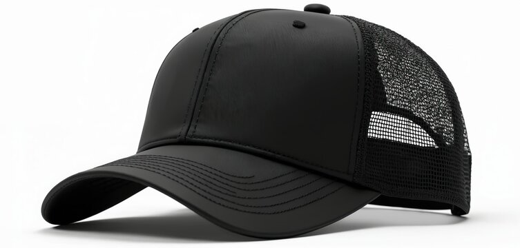 Black trucker cap with mesh back on white. Studio shot of headwear for branding. Fashion baseball cap design. Mockup for logo or text placement on visor.