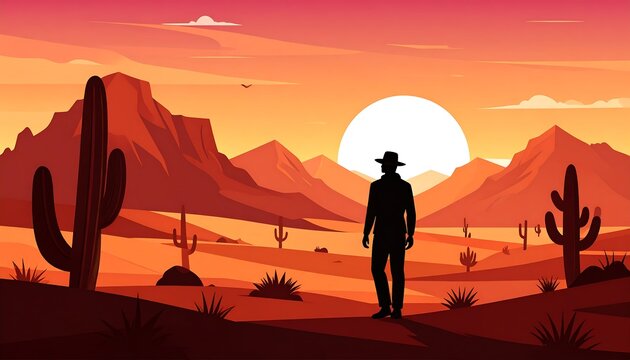 Silhouette of a person stands in a desert during sunset. Cacti and mountains make up the background - Powered by Adobe