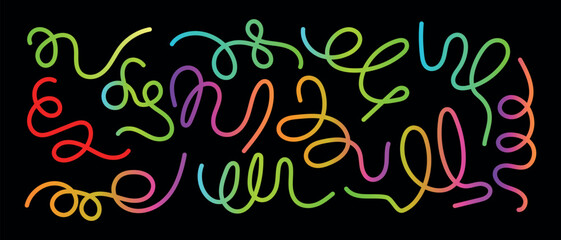 Bright neon swirl and squiggle line pattern with glowing curved strokes forming lively decorative border, colorful looping abstract elements arranged in a playful energetic layout for modern visuals