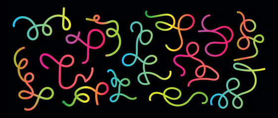 Colorful neon squiggle line background with intertwined glowing loops forming energetic abstract decoration, vibrant curling strokes arranged in a seamless dynamic layout for modern creative visuals