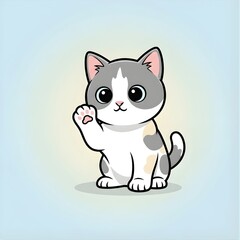 Cute cartoon cat waving with paw on soft pastel background  