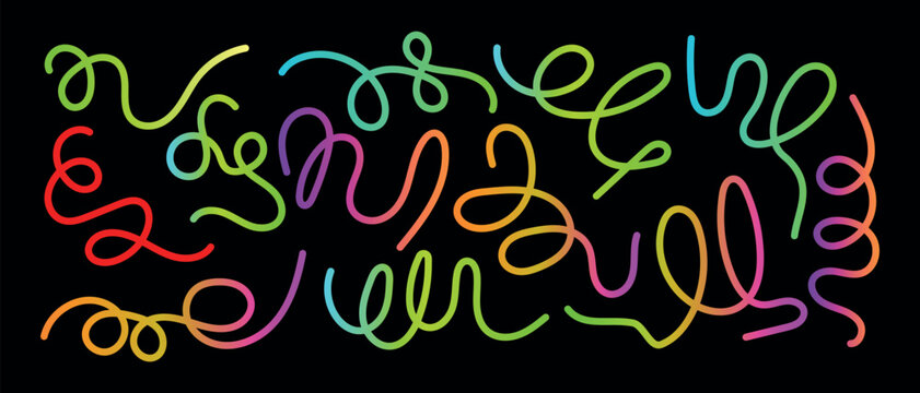 Bright neon swirl and squiggle line pattern with glowing curved strokes forming lively decorative border, colorful looping abstract elements arranged in a playful energetic layout for modern visuals