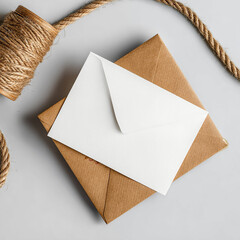 Brown Envelope with Blank White Letter and Twine String on White Background . made with generative AI