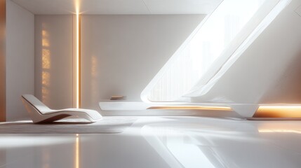 Fototapeta premium Modern lounge interior, sleek white design, sunlit, relaxing space, virtual reality, home, possible use architectural design