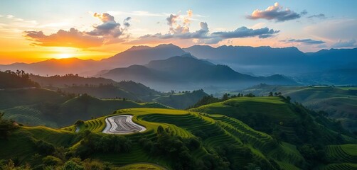 Misty mountain range at sunrise, terraced rice fields, lush green valley,  breathtaking,  korea