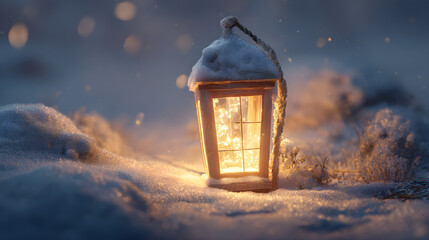 Lantern half-covered by snow, golden volumetric light and serene night mood