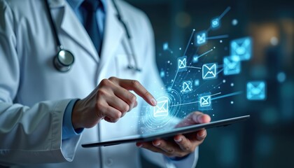 Doctor touches digital interface to send electronic mail on tablet. Medical professional uses modern tech for communication, sending messages and data from clinic.